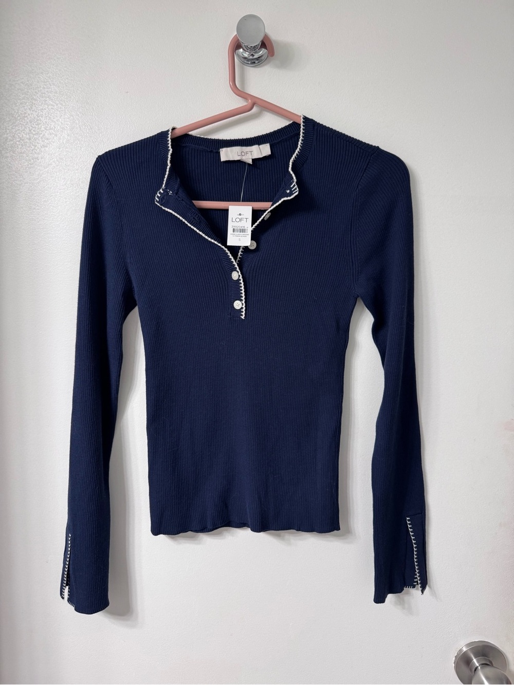 LOFT Contrast Stitched Split Cuff Henley Sweater